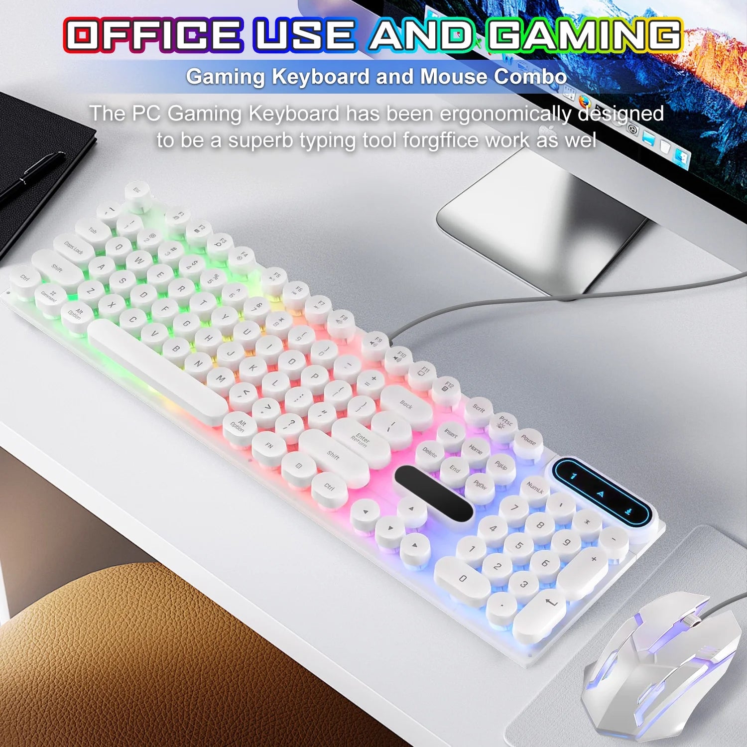 Typewriter Gaming , Retro Punk round Keycaps LED Backlit USB Wired Computer Keyboard for Game and Office, for Windows Laptop PC, Red Switches (White)