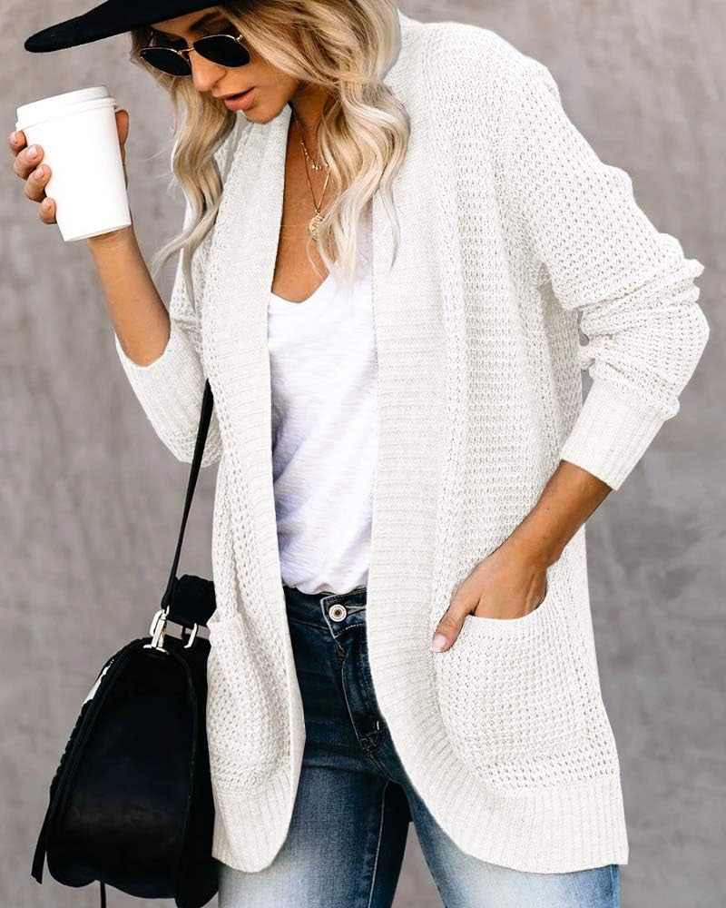 Womens Loose Open Front Cardigan Long Sleeve Casual Lightweight Soft Knit Sweaters Coat with Pockets