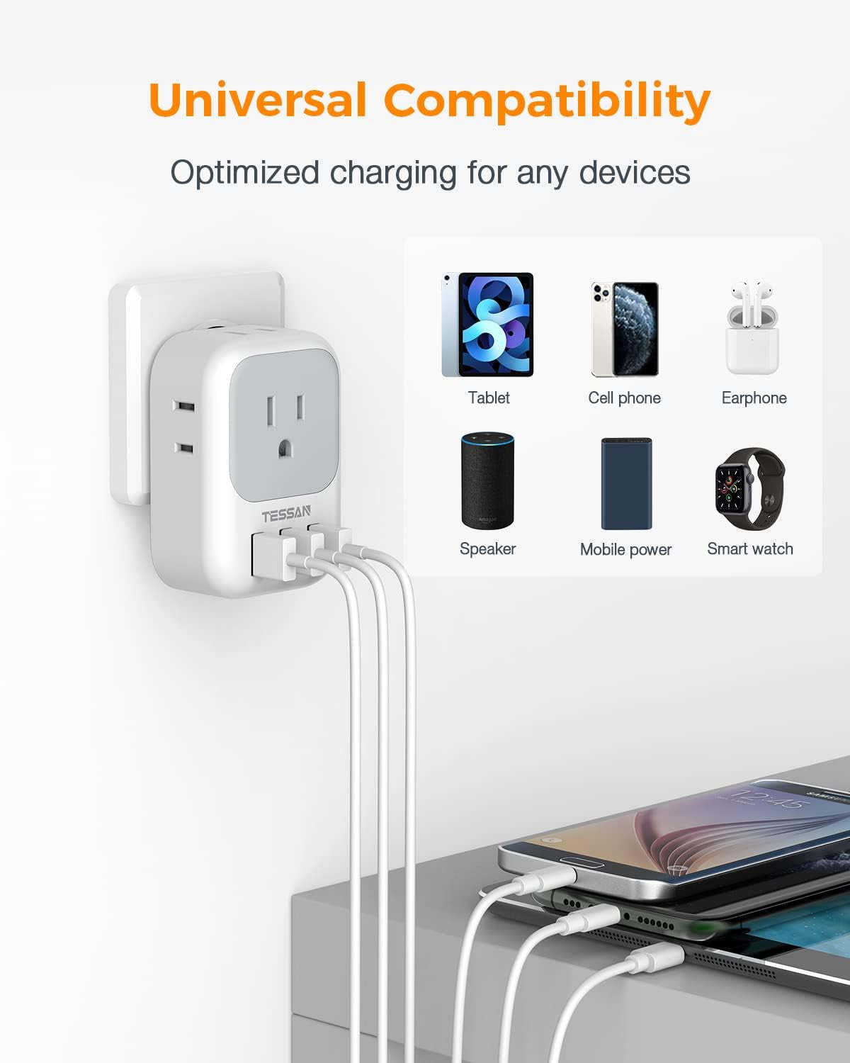 Multi Plug Outlet Extender with USB,  Electrical 4 Box Splitter 3 USB Wall Charger, Multiple Charging Station for Cruise, Travel, Office, Dorm Essentials