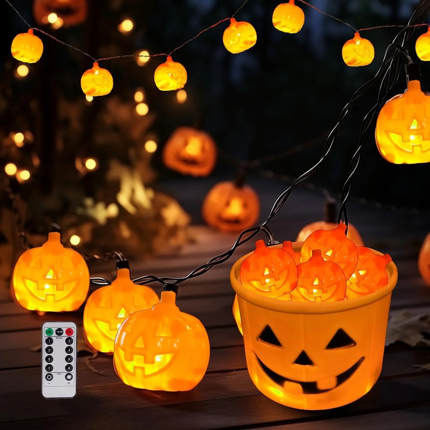 Halloween Pumpkin String Lights with Pumpkin Candy Bucket, 30 LED 16.4Ft, 8 Modes Timer Waterproof Orange Jack-O-Lantern, Outdoor and Indoor Halloween Decorations