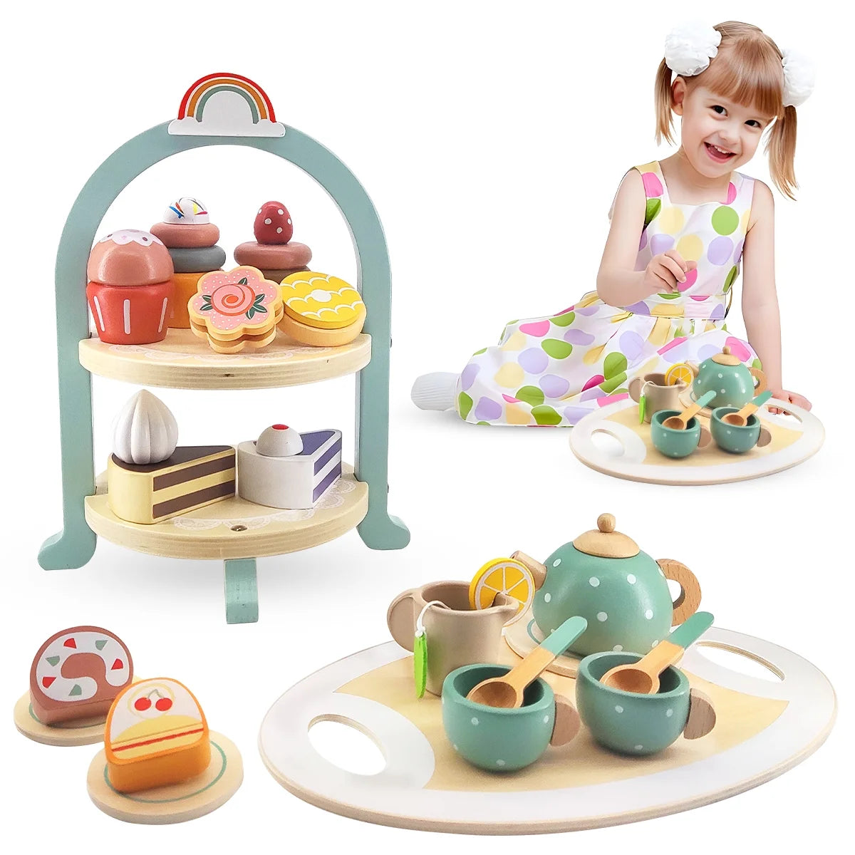 Tea Party Set for Little Girls, Wooden Tea Set with Cake Stand, Food Pretend Play Accessories Kids Kitchen Playset Wooden Toys for 2 3 4 5 6 Year Old Girl Birthday Gift