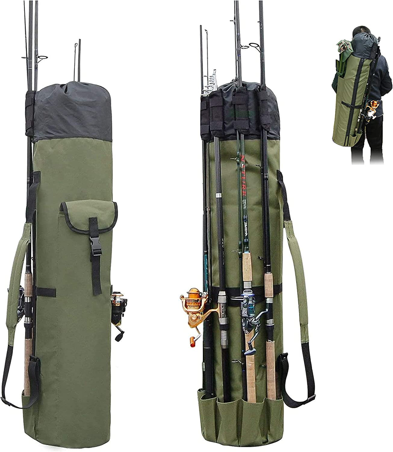 Fishing Pole Bag with Rod Holder Fishing Rod Bag Carrier Case 5 Poles Waterproof Travel Case Fishing Tackle Box Storage Bag Durable Fishing Gear Organizer Fishing Gift for Men